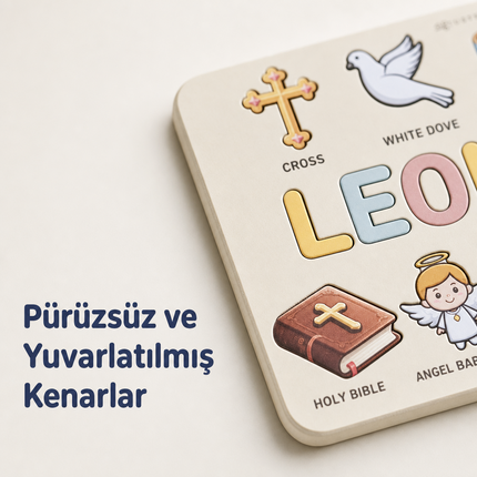 Kişiye Özel İsimli Ahşap Vaftiz Puzzle – Hristiyanlık Temalı Eğitici Yapboz