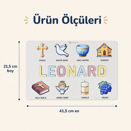 Kişiye Özel İsimli Ahşap Vaftiz Puzzle – Hristiyanlık Temalı Eğitici Yapboz