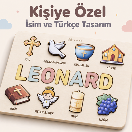 Kişiye Özel İsimli Ahşap Vaftiz Puzzle – Hristiyanlık Temalı Eğitici Yapboz