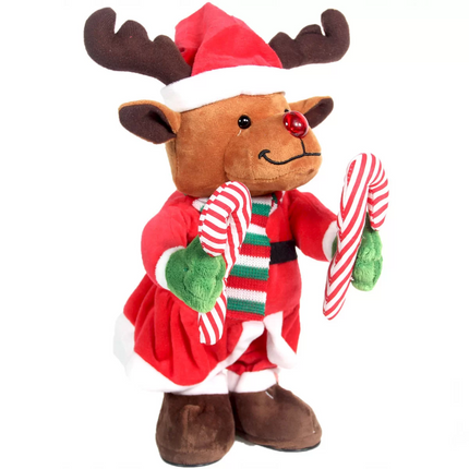 Christmas Dancing Battery-Operated Plush Reindeer with Cane