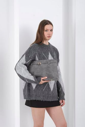 Base'ic Gray Suede Tote Bag - Vegan Gray Suede Purses for Women with Gold Hardware, Adjustable Belt, Magnetic Closure - Elegant Shoulder Bag Hobo Bag - Stylish Suede Purse - Work Bag, City Bag