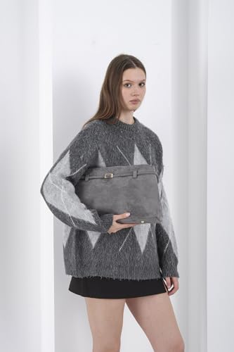 Base'ic Gray Suede Tote Bag - Vegan Gray Suede Purses for Women with Gold Hardware, Adjustable Belt, Magnetic Closure - Elegant Shoulder Bag Hobo Bag - Stylish Suede Purse - Work Bag, City Bag