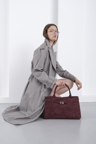 Base'ic Burgundy Suede Tote Bag - Vegan Burgundy Suede Purses for Women with Gold Hardware, Adjustable Belt, Magnetic Closure - Elegant Shoulder Bag Hobo Bag - Stylish Suede Purse - Work Bag, City Bag