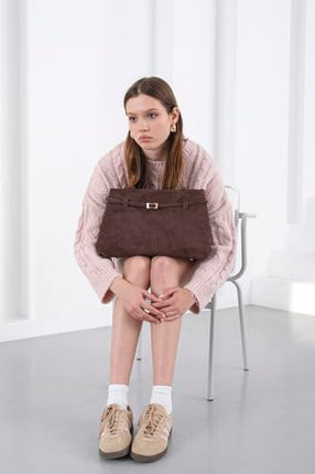 Base'ic Brown Suede Tote Bag - Vegan Brown Suede Purses for Women with Gold Hardware, Adjustable Belt, Magnetic Closure - Elegant Shoulder Bag Hobo Bag - Stylish Brown Purse - Work Bag, City Bag