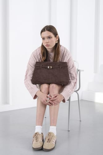 Base'ic Brown Suede Tote Bag - Vegan Brown Suede Purses for Women with Gold Hardware, Adjustable Belt, Magnetic Closure - Elegant Shoulder Bag Hobo Bag - Stylish Brown Purse - Work Bag, City Bag
