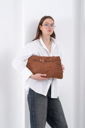 Base'ic Brown Suede Tote Bag - Vegan Brown Suede Purses for Women with Gold Hardware, Adjustable Belt, Magnetic Closure - Elegant Shoulder Bag Hobo Bag - Stylish Brown Purse - Work Bag, City Bag