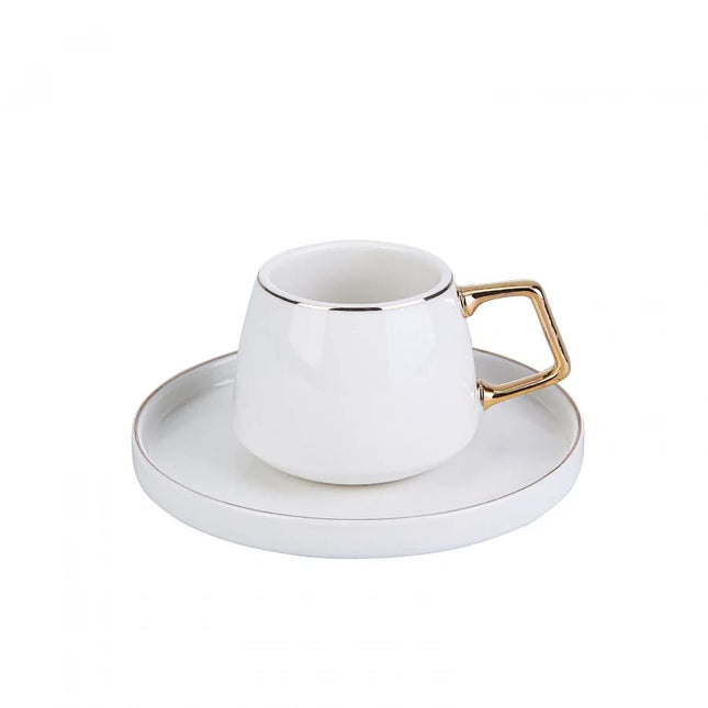 KARACA Saturn Turkish Coffee Cups, Espresso Cups Set of 2 Includes 4 Pieces, 3 oz Espresso Cup Set, Small Espresso Cups and Saucers, Set of 2 Demitasse Cups with Gold Handle on White Porcelain