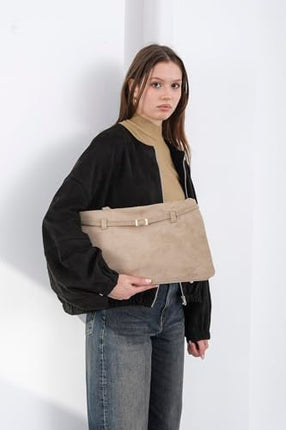 Base'ic Beige Suede Tote Bag - Vegan Beige Suede Purses for Women with Gold Hardware, Adjustable Belt, Magnetic Closure - Elegant Shoulder Bag Hobo Bag - Stylish Suede Purse - Work Bag, City Bag