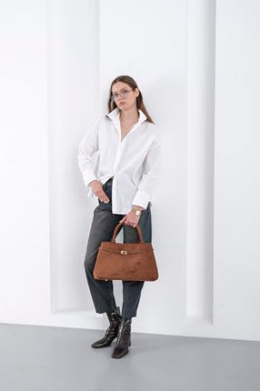 Base'ic Brown Suede Tote Bag - Vegan Brown Suede Purses for Women with Gold Hardware, Adjustable Belt, Magnetic Closure - Elegant Shoulder Bag Hobo Bag - Stylish Brown Purse - Work Bag, City Bag