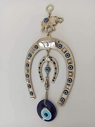 Erbulus Turkish Silver Horse Shoe Blue Evil Eye Wall Hanging Ornament with Elephant - Turkish Nazar Bead Amulet – Home Protection and Good Luck Charm Gift in a Box