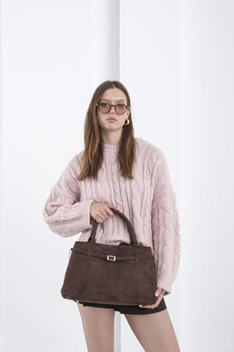 Base'ic Brown Suede Tote Bag - Vegan Brown Suede Purses for Women with Gold Hardware, Adjustable Belt, Magnetic Closure - Elegant Shoulder Bag Hobo Bag - Stylish Brown Purse - Work Bag, City Bag