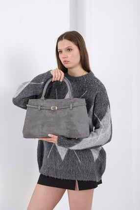 Base'ic Gray Suede Tote Bag - Vegan Gray Suede Purses for Women with Gold Hardware, Adjustable Belt, Magnetic Closure - Elegant Shoulder Bag Hobo Bag - Stylish Suede Purse - Work Bag, City Bag