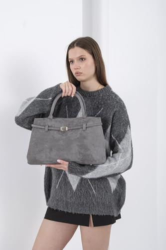 Base'ic Gray Suede Tote Bag - Vegan Gray Suede Purses for Women with Gold Hardware, Adjustable Belt, Magnetic Closure - Elegant Shoulder Bag Hobo Bag - Stylish Suede Purse - Work Bag, City Bag