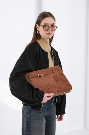 Base'ic Brown Suede Tote Bag - Vegan Brown Suede Purses for Women with Gold Hardware, Adjustable Belt, Magnetic Closure - Elegant Shoulder Bag Hobo Bag - Stylish Brown Purse - Work Bag, City Bag