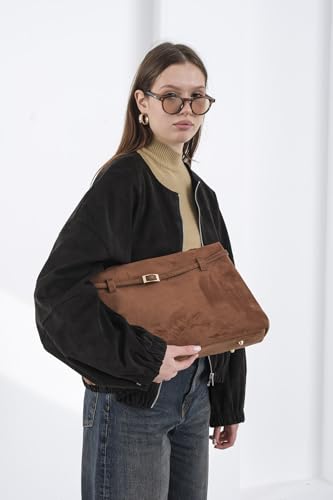 Base'ic Brown Suede Tote Bag - Vegan Brown Suede Purses for Women with Gold Hardware, Adjustable Belt, Magnetic Closure - Elegant Shoulder Bag Hobo Bag - Stylish Brown Purse - Work Bag, City Bag