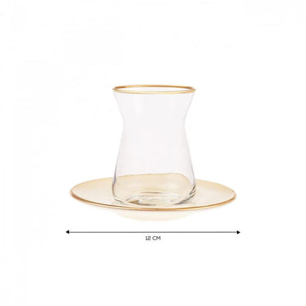 KARACA Retro Beige 6 Person Tea Set - 12 Piece Turkish Tea Cups and Saucers, Turkish Tea Glasses Set with Gold Decal Details