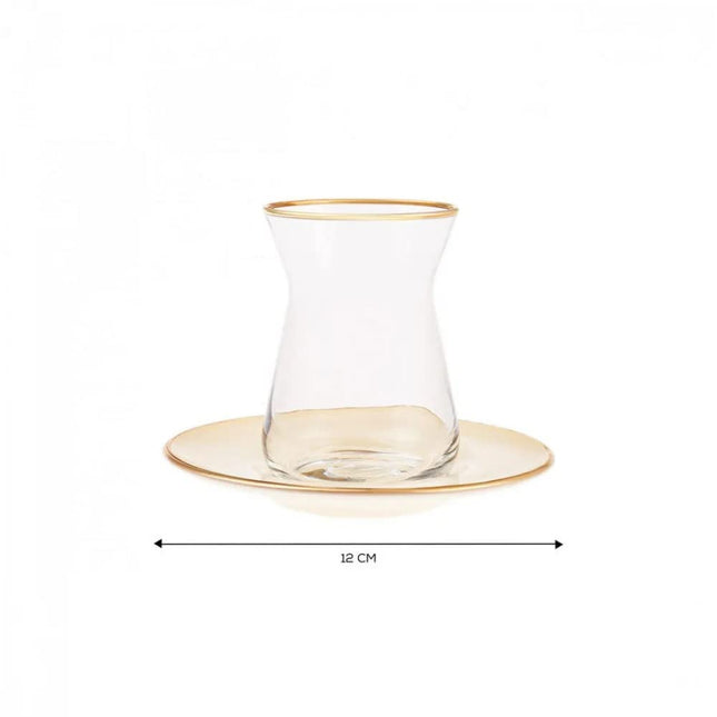 KARACA Retro Beige 6 Person Tea Set - 12 Piece Turkish Tea Cups and Saucers, Turkish Tea Glasses Set with Gold Decal Details