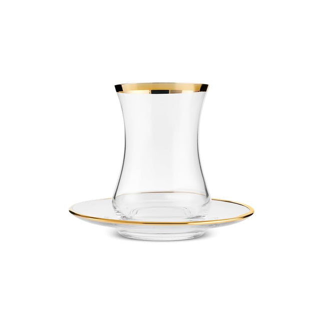 KARACA Sydney 12-Piece Glass Turkish Tea Set for 6 People, Gold, Tea Service, 6 Turkish Tea Glasses with Saucers, 12 Pieces, Glass, Tea Plates/Saucers