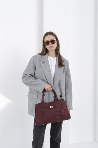 Base'ic Burgundy Suede Tote Bag - Vegan Burgundy Suede Purses for Women with Gold Hardware, Adjustable Belt, Magnetic Closure - Elegant Shoulder Bag Hobo Bag - Stylish Suede Purse - Work Bag, City Bag