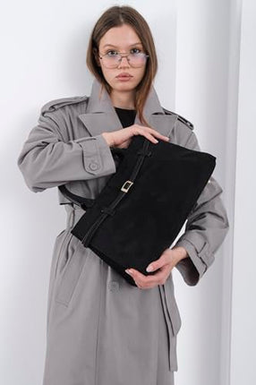 Base'ic Black Suede Tote Bag - Vegan Black Suede Purses for Women with Gold Hardware, Adjustable Belt, Magnetic Closure - Elegant Shoulder Bag Hobo Bag - Stylish Suede Purse - Work Bag, City Bag