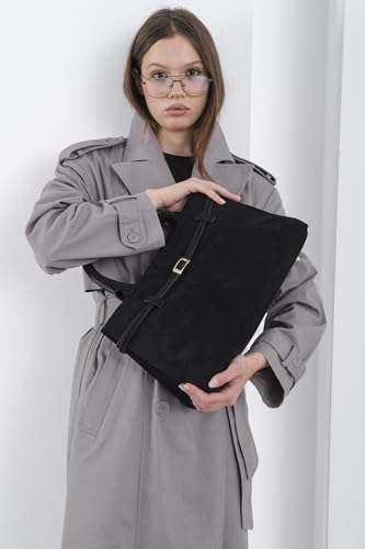 Base'ic Black Suede Tote Bag - Vegan Black Suede Purses for Women with Gold Hardware, Adjustable Belt, Magnetic Closure - Elegant Shoulder Bag Hobo Bag - Stylish Suede Purse - Work Bag, City Bag