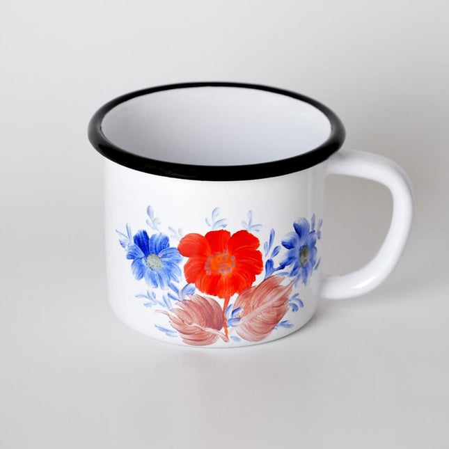 Enamel Mug Hand Painted Blue Red Floral