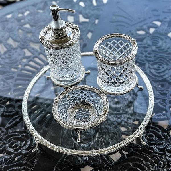 Emayra Gümüş Detaylı 4 Parça Kristal Cam Banyo Seti