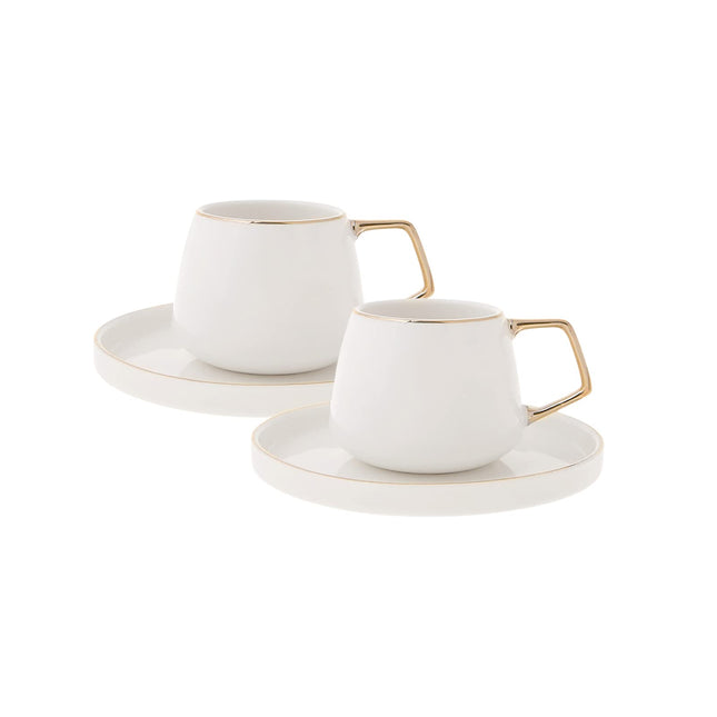KARACA Saturn Turkish Coffee Cups, Espresso Cups Set of 2 Includes 4 Pieces, 3 oz Espresso Cup Set, Small Espresso Cups and Saucers, Set of 2 Demitasse Cups with Gold Handle on White Porcelain