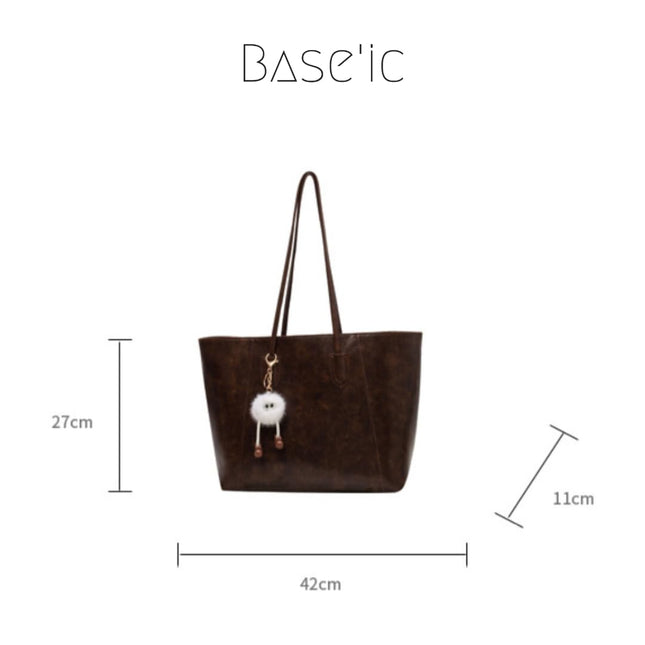 Base'ic Women's Large Vegan Leather Tote Bag – Shoulder Handbag with Inner Pocket &amp; Decorative Charm, Work &amp; Travel Purse (Brown)