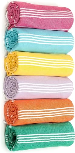HAVLULAND Turkish Beach Towels Oversized -100% Turkish Cotton Super Soft Lightweight - Absorbent and Quick Drying Bath Towel - Sand Free Beach Towel - Turkish Towels (Rainbow, 6 Pack)