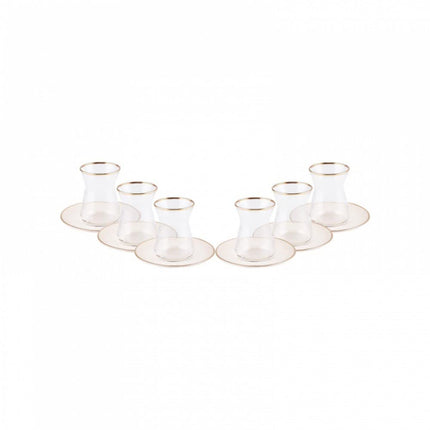 KARACA Retro Beige 6 Person Tea Set - 12 Piece Turkish Tea Cups and Saucers, Turkish Tea Glasses Set with Gold Decal Details