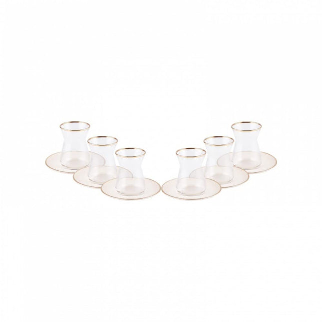 KARACA Retro Beige 6 Person Tea Set - 12 Piece Turkish Tea Cups and Saucers, Turkish Tea Glasses Set with Gold Decal Details