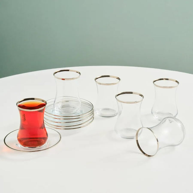 Karaca Sydney Elegant Tea Glass Set of 12 - Clear Turkish Tea Cup Glasses and Saucers, 160 ml Curved Design Drinkware Cups, Dishwasher Safe, Platinum