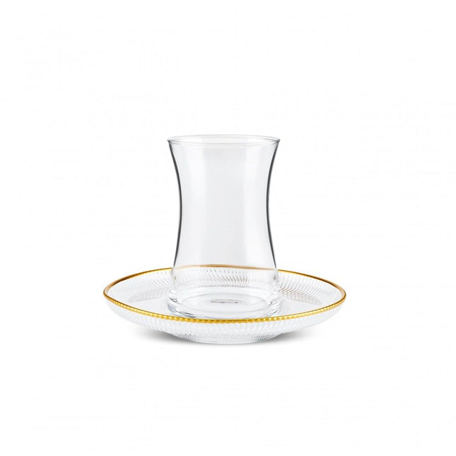 Karaca Juliet Turkish Tea Cups Set of 12, 170ml/5.74oz Turkish Tea Glasses with Gold Detail Saucers for 6 People, Ideal Glass Set for Mother's Day and Housewarming