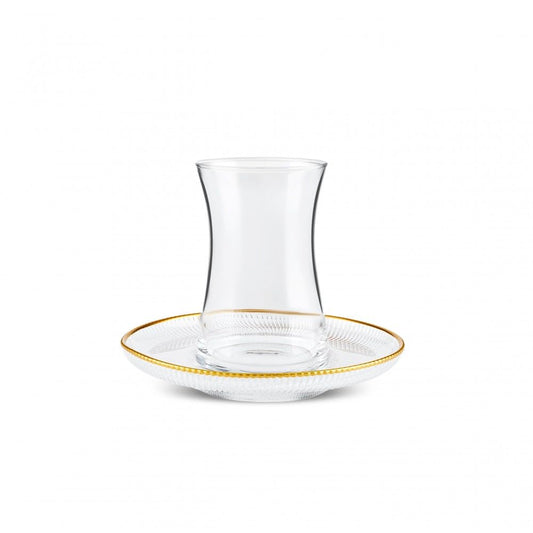 Karaca Juliet Turkish Tea Cups Set of 12, 170ml/5.74oz Turkish Tea Glasses with Gold Detail Saucers for 6 People, Ideal Glass Set for Mother's Day and Housewarming