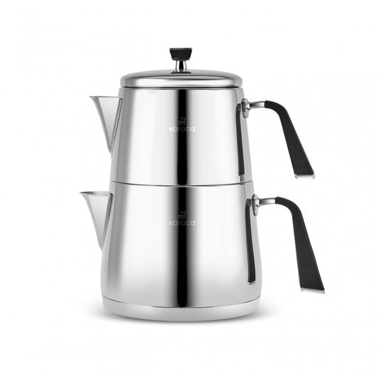 Karaca Fiona Stainless Steel Turkish Teapot Set, 1L Tea Pot & 2L Water Tank (Kettle), Stove Top/Induction Compatible, Elegant Silver Design, Easy to Clean, Non-Flammable Handles