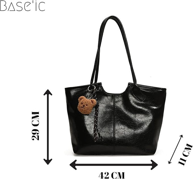 Base'ic Women's Vegan Leather Tote Bag – Stylish Work, Travel &amp; Everyday Handbag with Cute Teddy Bear Charm (Black)