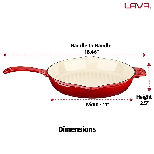 Lava Enameled Cast Iron Ceramic Steak Grill Pan with Side Drip Spouts - 11 inch Round Frying Pan with White Ceramic Enamel Coated Interior - Edition Series (Red)