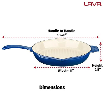 Lava 11 inch Grill Pan with Side Drip Spouts - Grill Pan with White Ceramic Enamel Coated Interior - Edition Series (Blue)