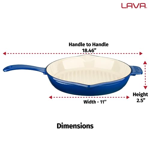 Lava 11 inch Grill Pan with Side Drip Spouts - Grill Pan with White Ceramic Enamel Coated Interior - Edition Series (Blue)