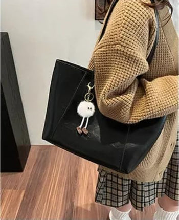 Base'ic Women's Large Vegan Leather Tote Bag – Shoulder Handbag with Inner Pocket &amp; Decorative Charm, Work &amp; Travel Purse (Black)