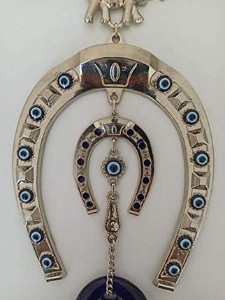 Erbulus Turkish Silver Horse Shoe Blue Evil Eye Wall Hanging Ornament with Elephant - Turkish Nazar Bead Amulet – Home Protection and Good Luck Charm Gift in a Box