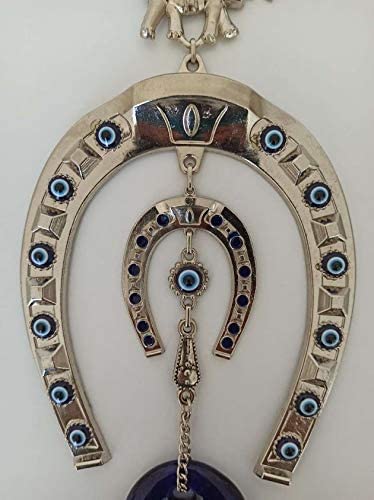 Erbulus Turkish Silver Horse Shoe Blue Evil Eye Wall Hanging Ornament with Elephant - Turkish Nazar Bead Amulet – Home Protection and Good Luck Charm Gift in a Box