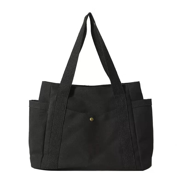 Base'ic Women's Canvas Tote Bag – Large Cotton Shoulder Handbag with Multiple Pockets, Reusable Casual Shopping Bag for Daily Use (Black)