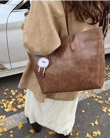 Base'ic Women's Large Vegan Leather Tote Bag – Shoulder Handbag with Inner Pocket &amp; Decorative Charm, Work &amp; Travel Purse (Light Brown)