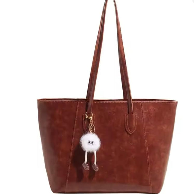 Base'ic Women's Large Vegan Leather Tote Bag – Shoulder Handbag with Inner Pocket &amp; Decorative Charm, Work &amp; Travel Purse (Brown)