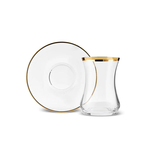 KARACA Sydney 12-Piece Glass Turkish Tea Set for 6 People, Gold, Tea Service, 6 Turkish Tea Glasses with Saucers, 12 Pieces, Glass, Tea Plates/Saucers