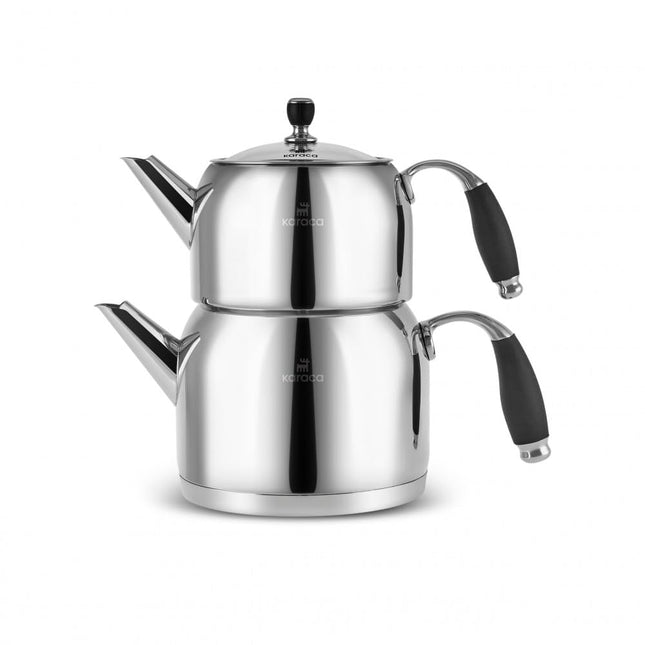 Karaca Stella Stainless Steel Turkish Teapot Set, 1L Tea Pot &amp; 2L Water Tank (Kettle), Stove Top/Induction Compatible, Elegant Silver Color, Easy to Clean, Heat-Resistant Handles