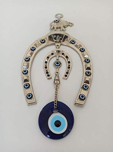 Erbulus Turkish Silver Horse Shoe Blue Evil Eye Wall Hanging Ornament with Elephant - Turkish Nazar Bead Amulet – Home Protection and Good Luck Charm Gift in a Box