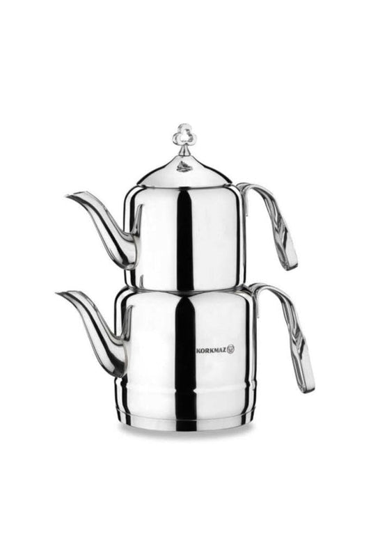 Korkmaz A211 Cintemani Turkish Teapot Set for Stovetop, 18/10 Stainless Steel Double Tea Maker with Heat Resistant Handles, Samovar Style Tea Kettle with 37.2 Oz (1100 ml) & 67.7 Oz (2000ml)